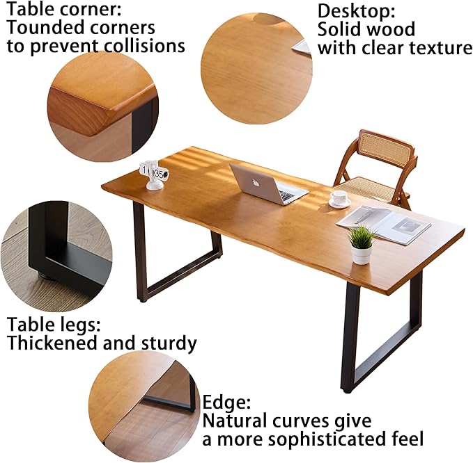Solid Wood Administrative Computer Desk - Rustic Style Large Office Desk, Modern Minimalist Workstation for Home, Ideal for Learning, Writing, and Professional Use (Dark Yellow, 70.87in)