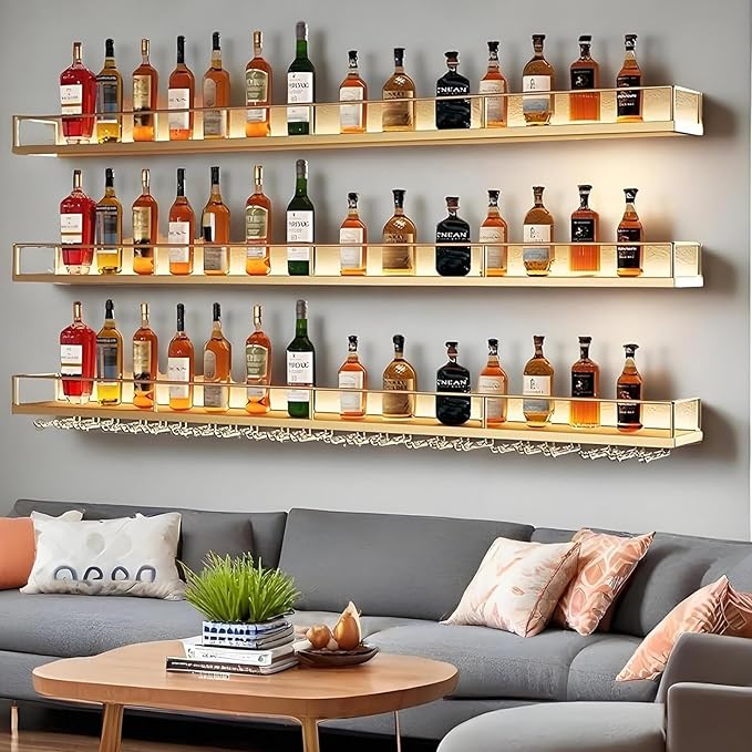 71in Wall-Mounted Metal Wine Rack with LED Lights 3-Tier Floating Bar Shelves with Wine Glass Rack Large Wine Bottle Display Rack Hanging Shelf, for Home Bar Dining Room Decorative (black, 180cm/71in)