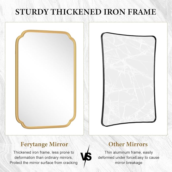 Gold Bathroom Mirror for Wall 20" x 30" Modern Rounded Corner Rectangle Mirror with Non-Rusting Iron Metal Framed Bathroom Vanity Mirror for Over Sink Wall Decor(Horizontal/Vertical)