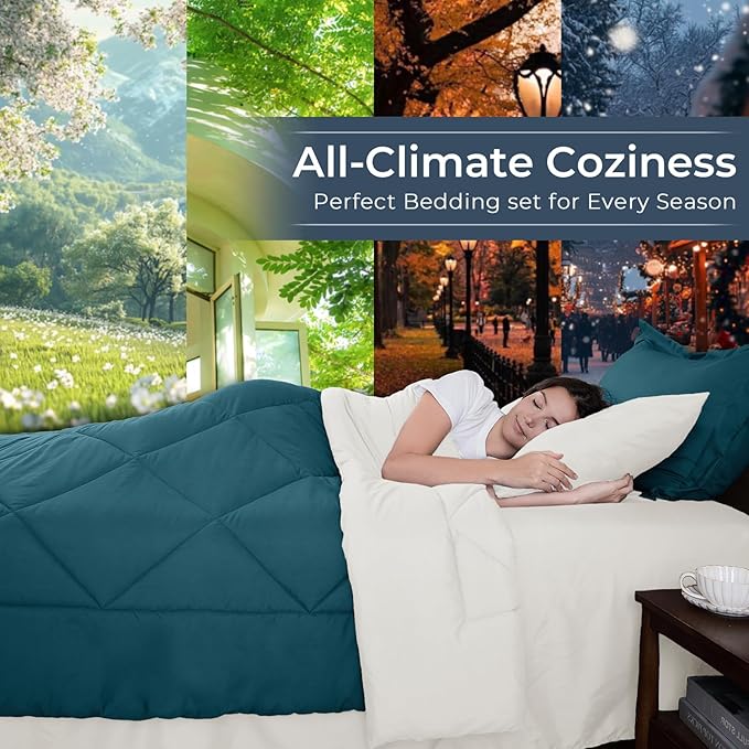 HEVUMYI Full Comforter Set - 7-Piece All Season Bed in a Bag Full, Ultra Soft Bedding Set with Comforter, Flat Sheet, Fitted Sheet, Pillowcases, Pillow Shams, Peacock Blue & Ivory