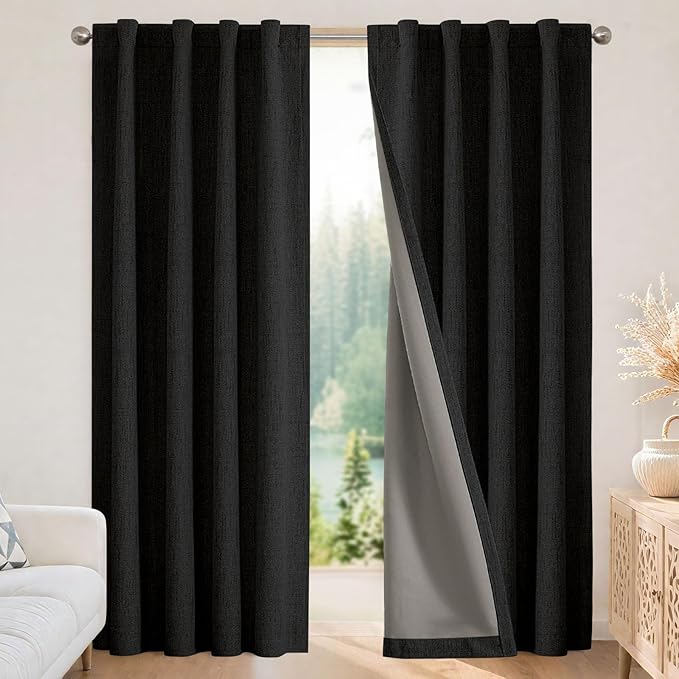 Joydeco 100% Blackout Curtains for Bedroom - Natural Linen Curtains 100" W x 108" L Long, Thermal Insulated 1 Panels Black Light Blocking Drapes, Rod Pocket & Back Tabs for Living Room