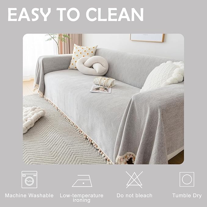 HANDONTIME Grey Sofa Cover for Couch Boho Couch Cover for 3 Seat Dog Couch Cover Love Seat Couch Covers Light Grey Sofa Sectional Cover 71" X134" Tassel Chenille Herringbone Sofa Covers Washable