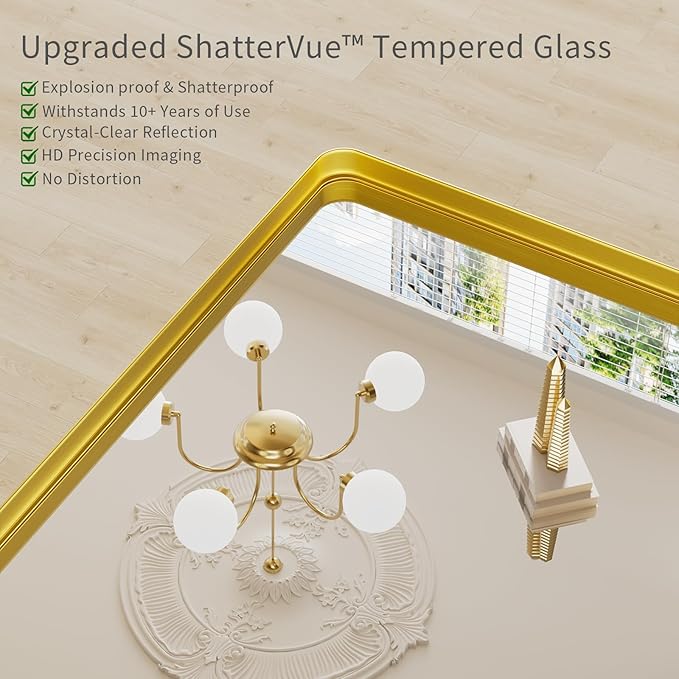Koonmi Gold Wall Mirror for Bathroom, 30x48 Inch Matte Deep Framed Rounded Rectangle Vanity Mirror for Farmhouse Living Room, Tempered Glass, Anti-Rust, Vertically or Horizontally