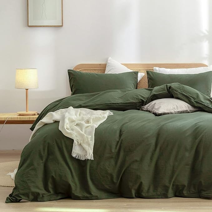 BESTOUCH Duvet Cover Set 100% Washed Cotton Linen Feel Super Soft Comfortable Chic Lightweight 3 PCs Home Bedding Set Solid Olive Green Super King