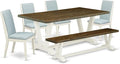 East West Furniture V077LA015-6 6 Piece Dining Table Set Contains a Rectangle Dining Room Table with V-Legs and 4 Baby Blue Linen Fabric Parson Chairs with a Bench, 40x72 Inch, Multi-Color