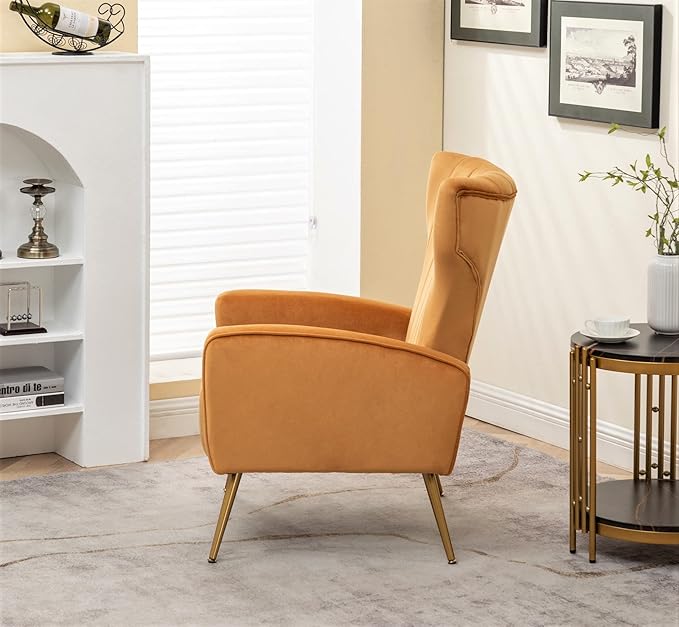 Container Furniture Direct Modern Velvet Accent Chair, Channel Tufted Bedroom, Office or Living Room Furniture with Elegant Metal Legs, 26" Wide Armchair, Mustard Yellow