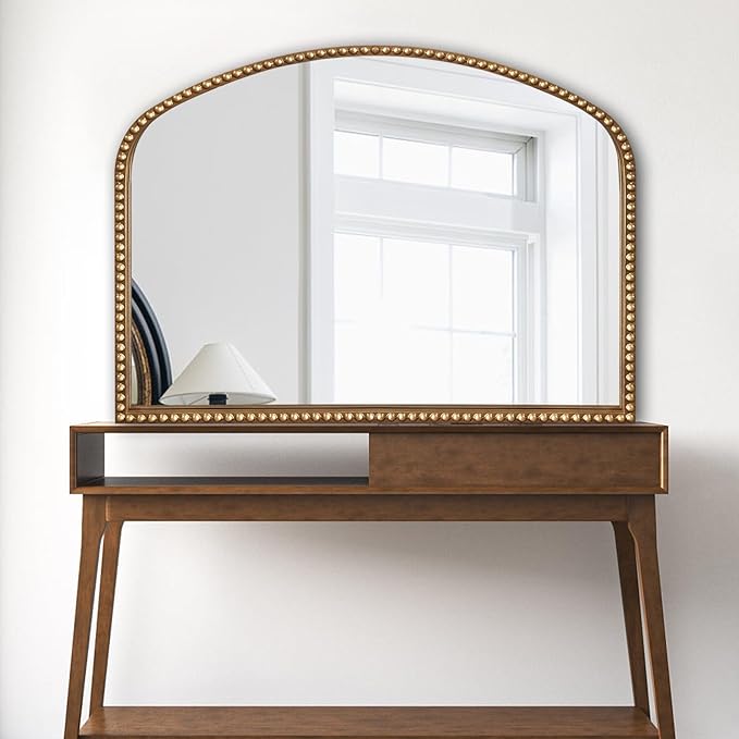 Vanity Mirror for Bedroom, 35" x 28" Large Arch Vintage Gold Wall Mirror, Beaded Frame Decorative Accent Mirrors for Washroom, Living Room, Entryway, Bathroom, Fireplace