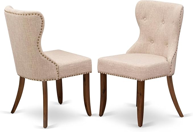 NKSI7-AWA-04 7-Piece Modern Dining Table Set Includes a Kitchen Table and 6 Light Tan Linen Fabric Dining Room Chairs with Button Tufted Back - Antique Walnut Finish