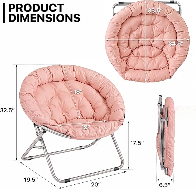 MoNiBloom Round Folding Saucer Chair for Bedroom Living Room Dorm Foldable Metal Frame Comfy Soft Lounge Lazy Cozy Moon Chair for Teens (Pink)