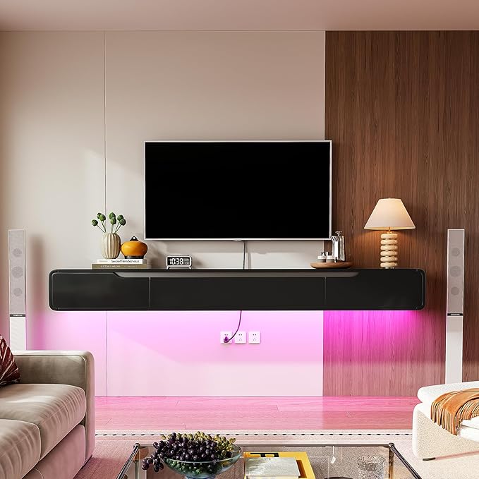 Fully-Assembled Floating TV Stand with Drawers, 70IN High Gloss Wall Mounted Entertainment Center, Modern Media Console with Storage, Under TV Shelf for Bedroom Living Room Black