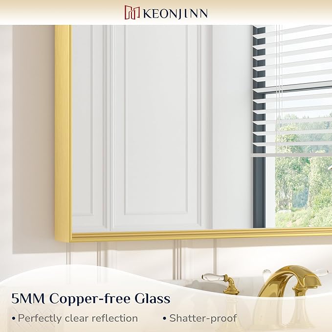 Keonjinn Gold Bathroom Mirrors for Wall 48 x 24 Inch Brushed Gold Frame Rectangular Vanity Mirror Large Metal Framed Farmhouse Mirror for Bathroom Sink Modern Full Length Mirror(Horizontal/Vertical)