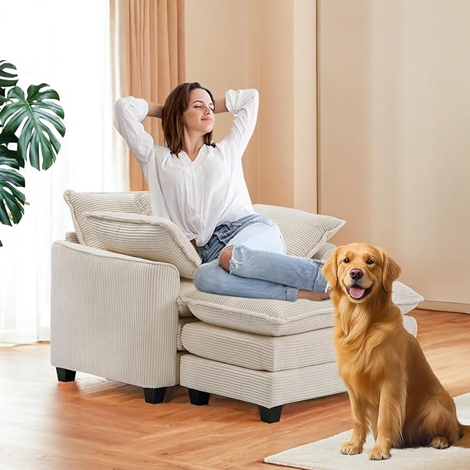 Furniliving Oversized Accent Chair with Ottoman, Luxury Corduroy Single Sofa, Upholstered Deep Seat Chaise Lounge with Pillows for Living Room, Bedroom, Apartment, Beige