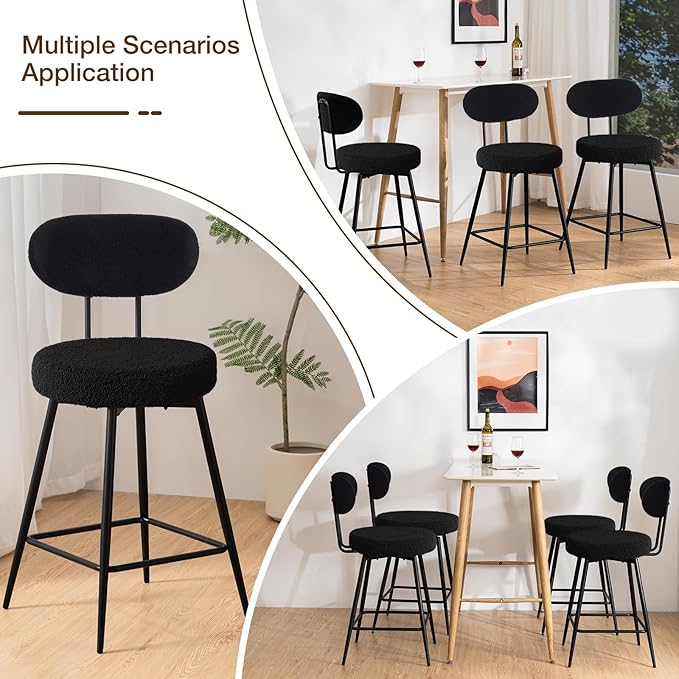 HOMMPA Swivel Bar Stools Set of 3 Counter Height Bar Stools Chiars 26'' Boucle Upholstered Modern Counter Barstools with Back Metal Legs Bar Chairs for Kitchen Counter Island Black
