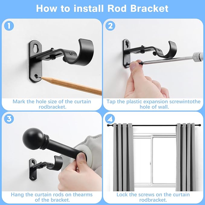 Curtain Rods for Windows 16 to 150 Inches, Curtain Rod Max Adjustable Length of 160 IN, 6/8" Diameter Drapery Rods Round Finials, Black, Pack of 1