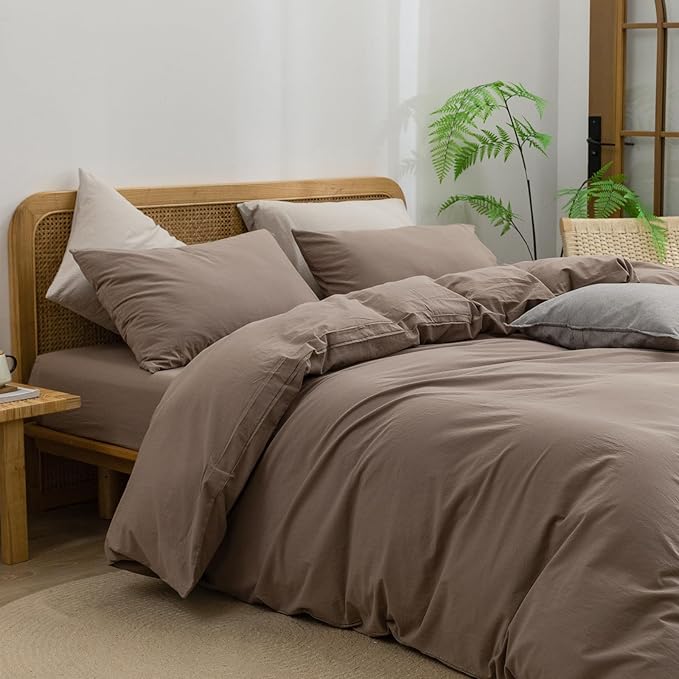 BESTOUCH Duvet Cover Set 100% Washed Cotton Linen Feel Super Soft Comfortable Chic Lightweight 3 PCs Home Bedding Set Solid Pine Bark Brown Oversized Full