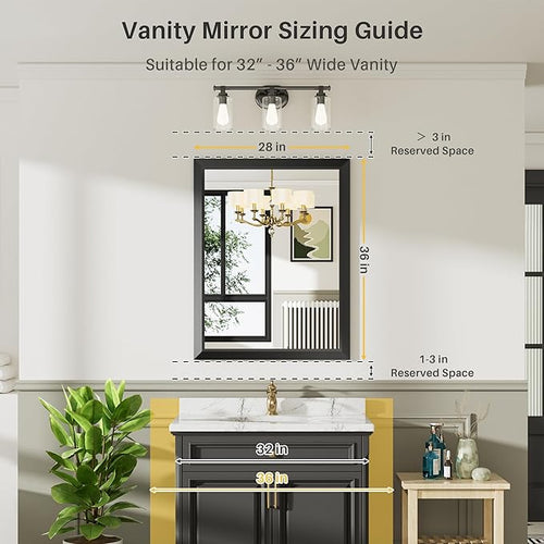 28x36 Inch Black Bathroom Mirror for Wall, Thick Metal Framed Rectangle Mirrors for Over Sink, Bedroom, Living Room, Entryway, Anti-Rust, HD Tempered Glass