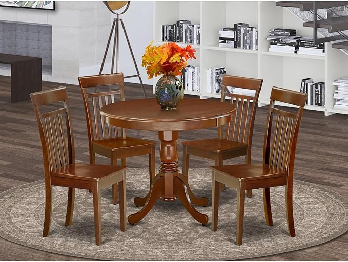 East West Furniture ANCA5-MAH-W 5 Piece Dining Table Set for 4 Includes a Round Kitchen Table with Pedestal and 4 Faux Leather Dining Room Chairs, 36x36 Inch, Mahogany