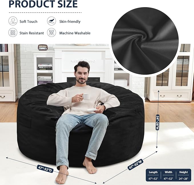 5FT Bean Bag Chair, Large Bean Bag Chairs with Memory Foam Filled, Fluffy Beanbag Sofa with Dutch Velvet Cover, Round BeanBag Chairs for Living Room, Playroom - Black