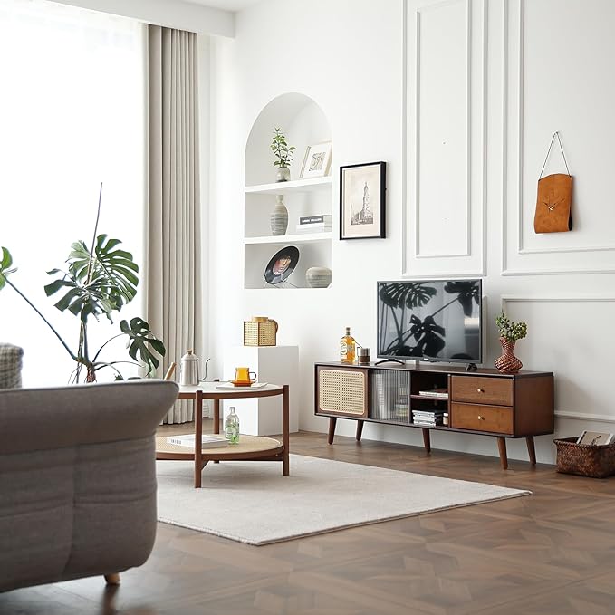 Tiita Rattan TV Stand for 55 65 Inch TV, Bamboo TV Cabinet with 2 Drawers, Boho Entertainment Center with Adjustable Shelf, Mid Century Modern Media Console for Bedroom, Living Room, Walnut
