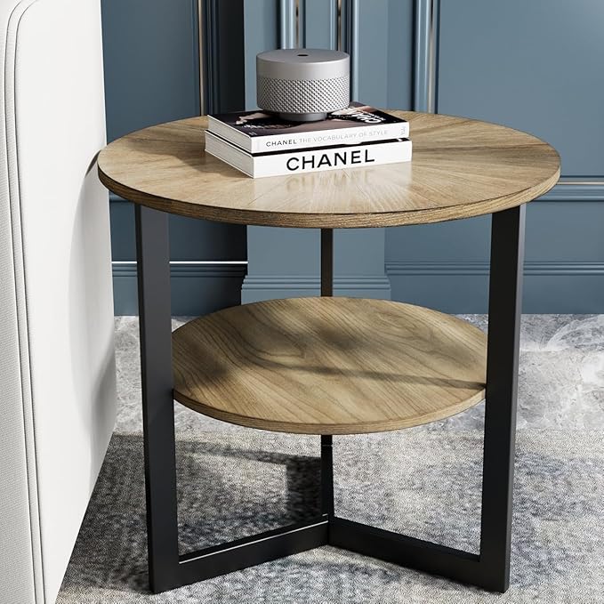 LEEMTORIG Round Side Table, Large 2-Tier End Table Nightstand with Metal Legs, Modern Bedside Couch Table for Living Room, Bedroom, Office, Rustic Natural/Black, 25.2 x 25.2 x 24 inches CJZ-1338