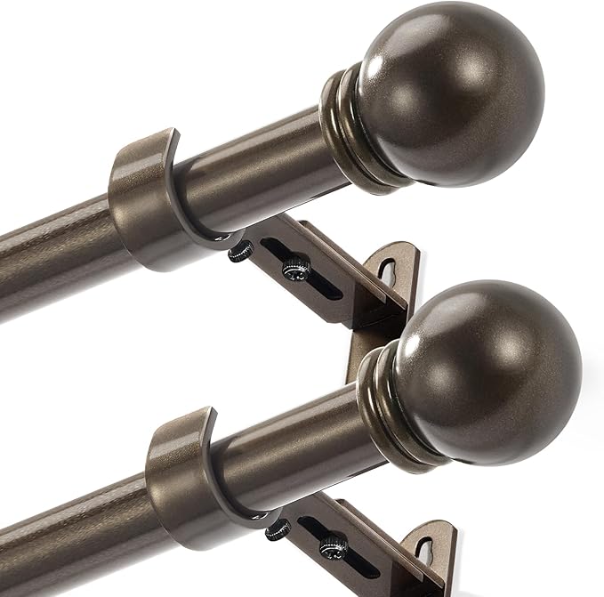 Curtain Rods for Windows 16 to 150 Inches, Curtain Rod Max Adjustable Length of 160 IN, 6/8" Diameter Drapery Rods Round Finials, Brown, Pack of 2