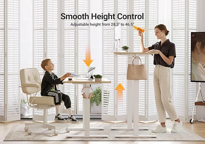 Seang Electric Standing Desk Adjustable Height, 48 x 24 Inch Sit Stand Desk with T-Shaped Frame, 3 Memory Presets & Cable Management for Home Office Computer Workstation, White Frame/Nature Top