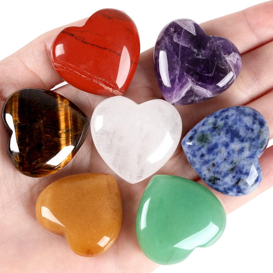 QINJIEJIE 7Pcs 7 Chakras 1.2" Heart Crystal Large Stone Rose Quartz Healing Crystals Love Polished Thumb Natural Palm Assorted Gemstones Reiki Energy Balancing Meditation Gift