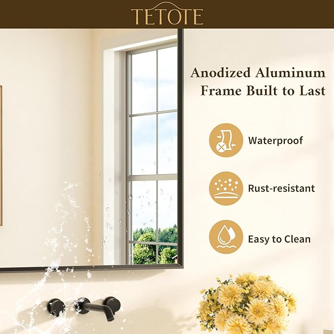 TETOTE Black Framed Mirror for Bathroom Vanity 36" x 36" Matte Black Rectangle Beveled Frame Wall Mirror for Over Sink, Tempered Glass, Modern Farmhouse Bedroom, Entryway, Living Room
