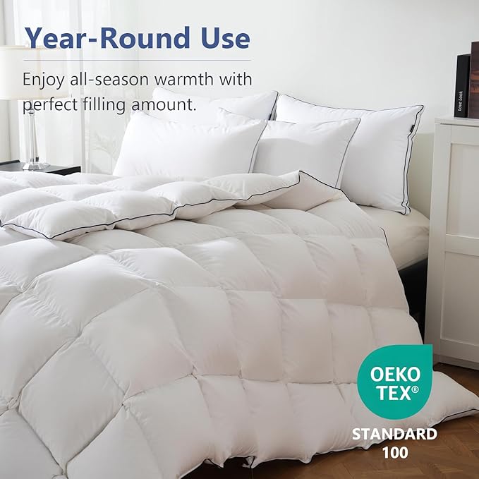 DOWNCOOL Feather Comforter Oversized King Size, Ultra Soft Fluffy Duvet Insert with 100% Cotton Cover, All Season Luxurious Hotel Bedding Comforters with Corner Tabs, White 116"x98"