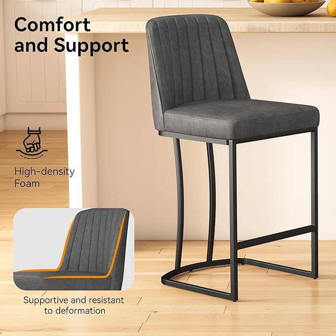 Counter Height Bar Stools Set of 4, Upholstered Leather Barrel Barstools with Back and Metal Legs for Kitchen Island, 27.4" Seat Height, Fabric in Faux Leather, Rustic Grey
