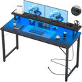 Computer Desk with USB Power Outlets and LED Lights,55 inch Gaming Desk with Monitor Stand for Small Space Home Office, Modern Simple Study Writing Table PC Desks, Black