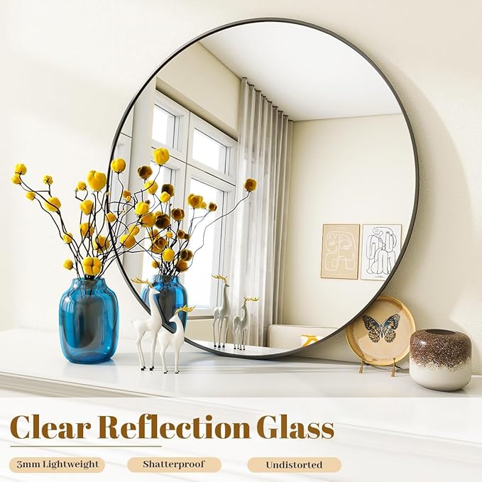 Black Round Bathroom Mirror, 24 inch Circle Wall Mounted Hanging Mirror with Simple Modern Circular Metal Frame for Hallway, Entryway, Living Room, Black Frame