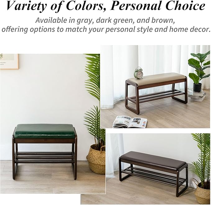 Shoe Bench, Entryway Bench with Leather Cushion, Solid Wood Shoe Rack, Mid Century Modern Bench, Shoe Storage, Shoe Organizer for Entryway (Brown, 21.7" W)