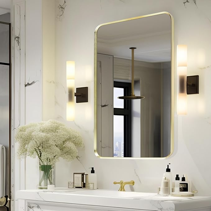 Wall Mount Mirror for Bathroom, Brushed Gold Metal Framed Rounded Corner Rectangular Vanity Mirror (20" x 30", Gold)
