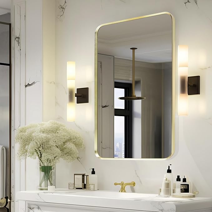 Wall Mount Mirror for Bathroom, Brushed Gold Metal Framed Rounded Corner Rectangular Vanity Mirror (16" x 20", Gold)