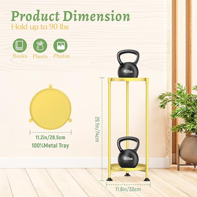 KMOTASUO 2 Tier Plant Stand Indoor for Large Tall Heavy Duty Planter, Multiple Sturdy Metal Flower Corner Rack for Narrow House Floor, Iron Vertical Level Round Orchi Holder Organizer, Gold