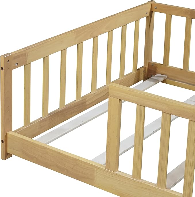 Bellemave Twin Floor Bed with Slats and Safety Guardrails, Kids Montessori Floor Beds with Fence and Without Door, Easy Assemble Floor Bed for Kids, Girls, Boys, Natural