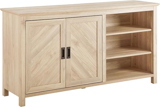 Walker Edison Modern Wood Grooved Buffet Sideboard with Open Storage-Entryway Serving Storage Cabinet Doors-Dining Room Console, 58 Inch, Birch