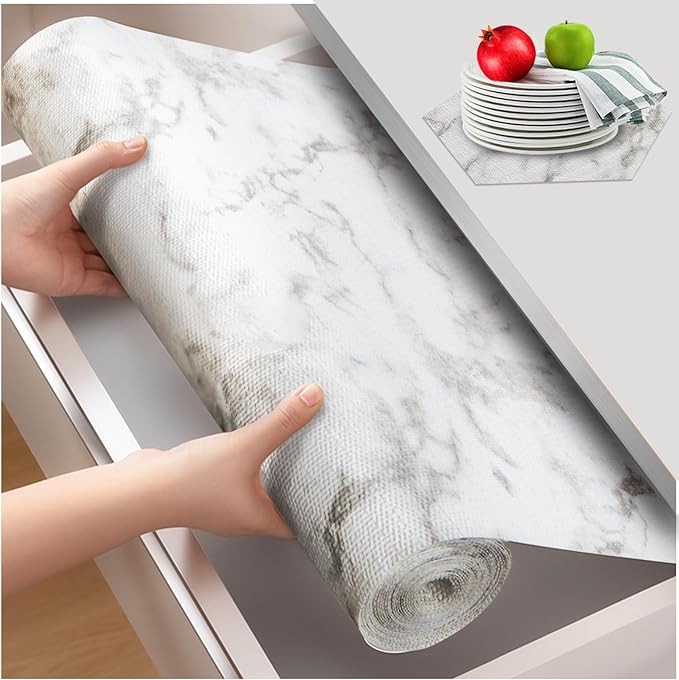Beautysaid Shelf and Drawer Liner for Kitchen Cabinet, Non Adhesive Non Slip Shelf Paper Waterproof Washable Thickened for Dresser Pantry Shelve Bathroom Protector Liner(Marble,18 in x 20 FT)