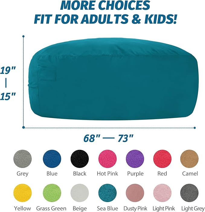 7FT Bean Bag Chair with Ultra Soft Velvet Cover Bean Bag Sofa with Memory Foam Bean Bag Chairs with Large Size Lazy Sofa for Dorm Office Living Room Bedroom Sea Blue 7'