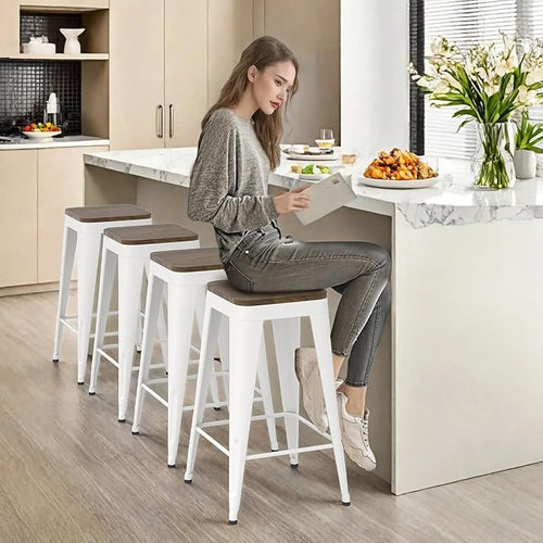 26 inch Backless Bar Stools Set of 4, Indoor Metal Bar Stools with Wood Seat, Industrial Counter Height Barstools for Kitchen Island, White