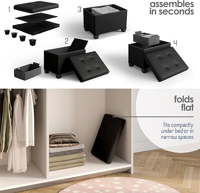 STORAGEBUD Storage Ottoman Cube with Small Bin, 16-in Square Ottoman with Storage for Living Room and Bedroom, Small Ottomans Foot Rest, Faux Leather Foot Stools Ottomans Max 330lbs, Black