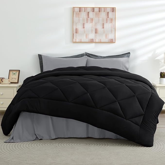 HEVUMYI King Comforter Set - 7-Piece All Season Bed in a Bag King, Ultra Soft Bedding Set with Comforter, Flat Sheet, Fitted Sheet, Pillowcases, Pillow Shams, Black & Light Grey