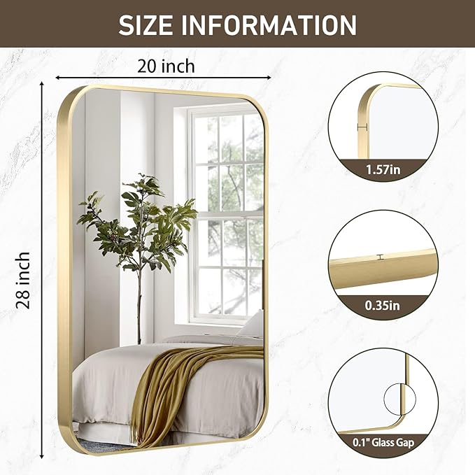 Gold Bathroom Mirror, 20x28 Inch Brushed Gold Mirror, Aluminum Alloy Framed Vanity Mirror, Rounded Rectangle Mirror for Over Sink, Anti-Rust Wall Mirror (Horizontally or Vertically)