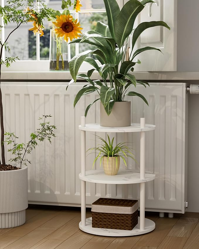 Small Round End Table - 3 Tier Design Accent Table, Narrow Side or Bedside Stand, Industrial Vintage Nightstand for Bedroom, Living Room, or Small Spaces, Marble White