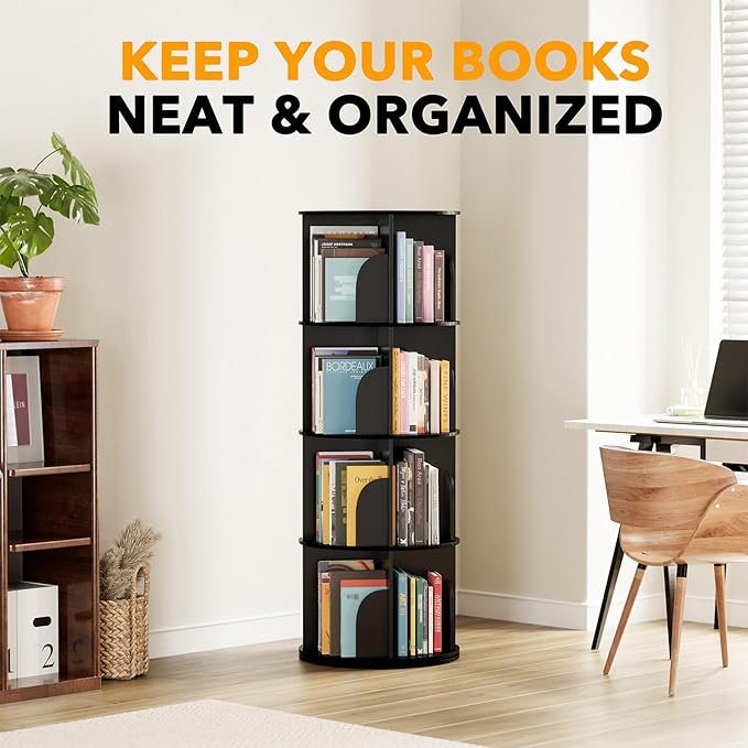 SpaceAid 4 Tier Rotating Bookshelf Tower, Spinning Bookcase Lazy Susan, Revolving 360 Book Shelf Storage Round Carousel, Vertical Rotate Turning Spiral Corner Organizer, Black