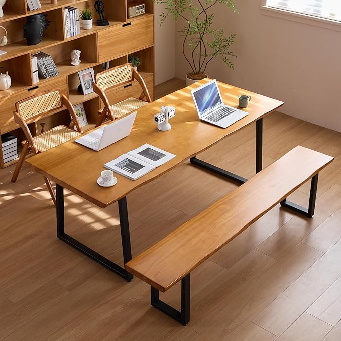 Solid Wood Top Bench with Metal Legs Durable Long Bench for Home Office Living Room Dining Room Versatile Multi Size Options Perfect Chair Stool Dining Chair (Light Brown Bench, 78.74in)