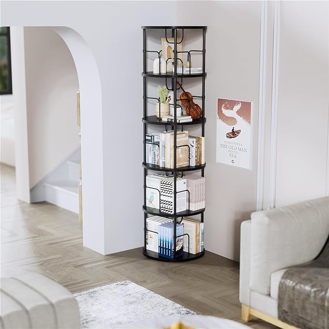 5 Tier Rotating Bookshelf, 360 ° Display Stackable Spinning Bookshelf Tower, Corner Bookshelf Tall Floor Standing Swivel Bookcase Narrow Storage Organizer for Bedroom, Living Room, Black