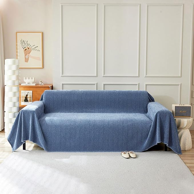 STACYPIK Non Slip Blue Couch Covers Chenille Sofa Cover for Dogs, Herringbone Pet Protector for 2 Cushion Couch, Loveseat Cover for Sectional, Washable Furniture Cover Versatile Throw Blanket-71x118IN