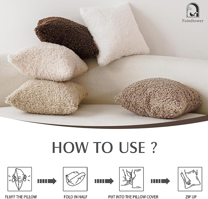 Foindtower 2 Pieces 26x26 Inch Khaki, Faux Fur Throw Pillow Cover Accent Sherpa Pillow Fuzzy Soft Pillowcases Sheepskin Decorative Fleece Cushion Case for Bed Couch Living Room